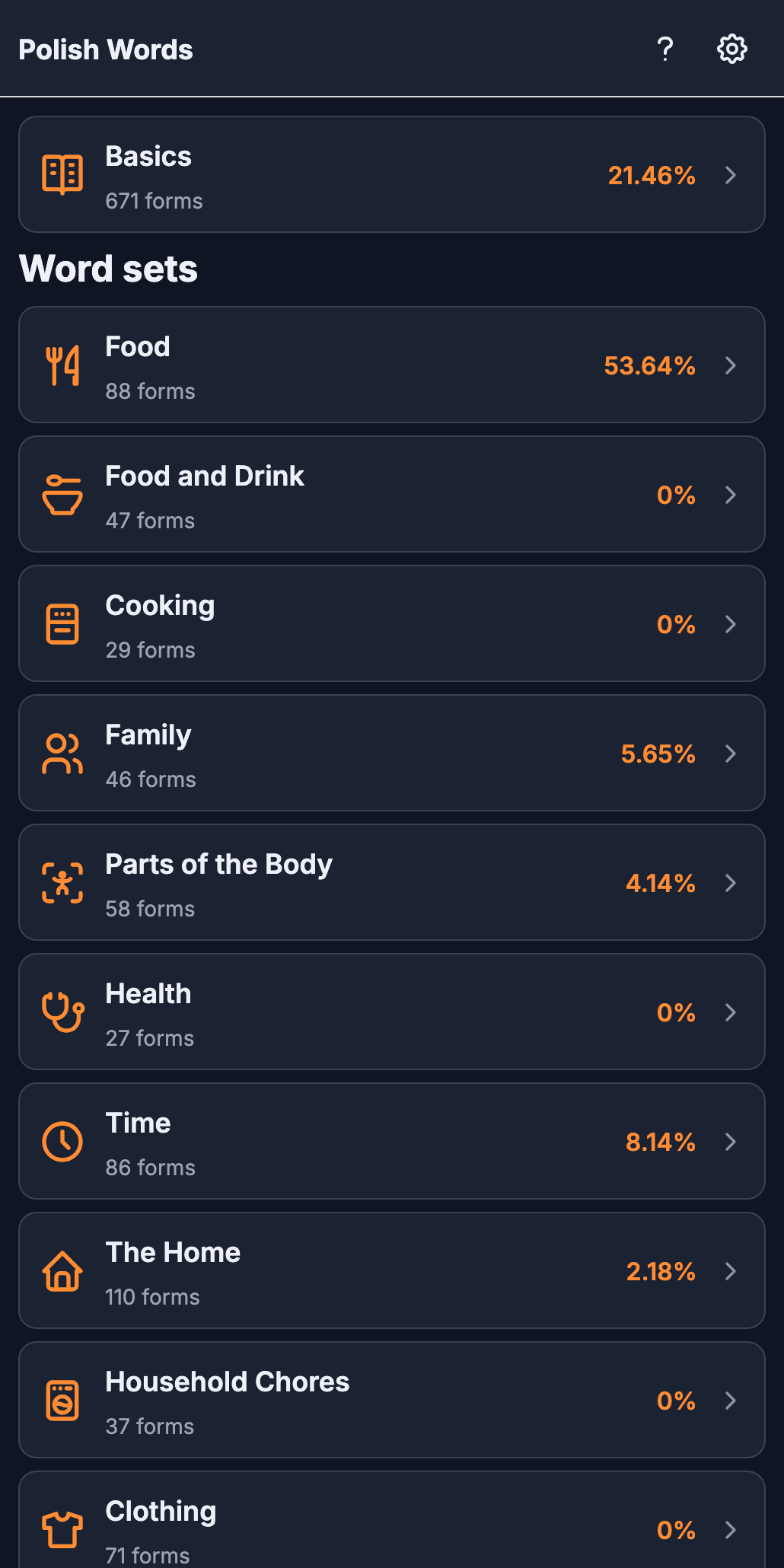 SlovoClub home screen showing a list of themed vocabulary sets