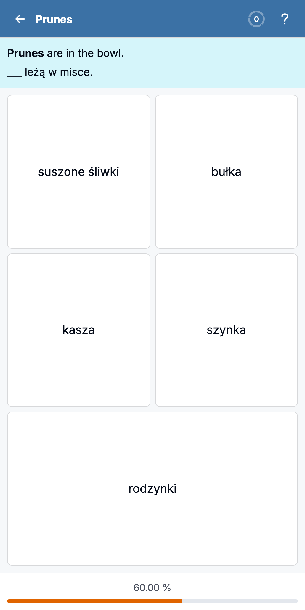 Exercise screen: a sentence in the base language, the same sentence in Polish with a gap below it, and answer option cards underneath