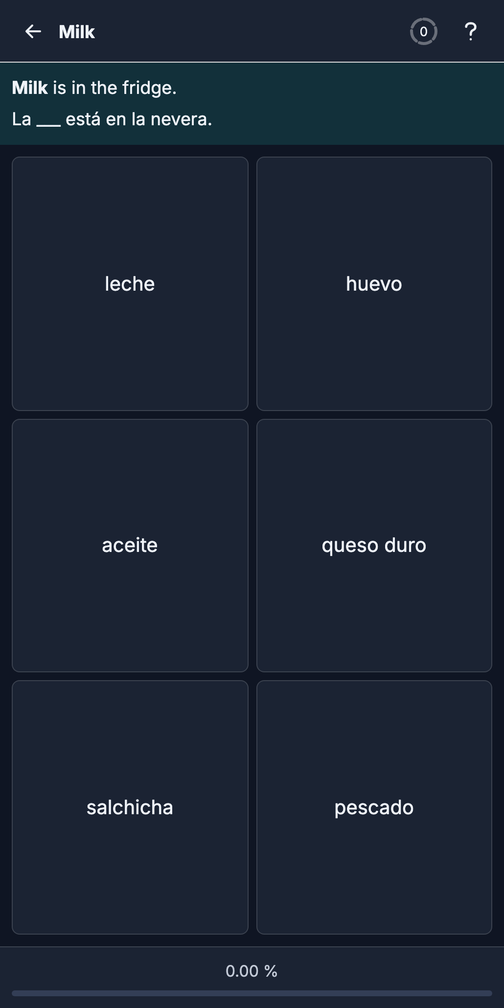 Spanish exercise with a masked sentence and answer choices