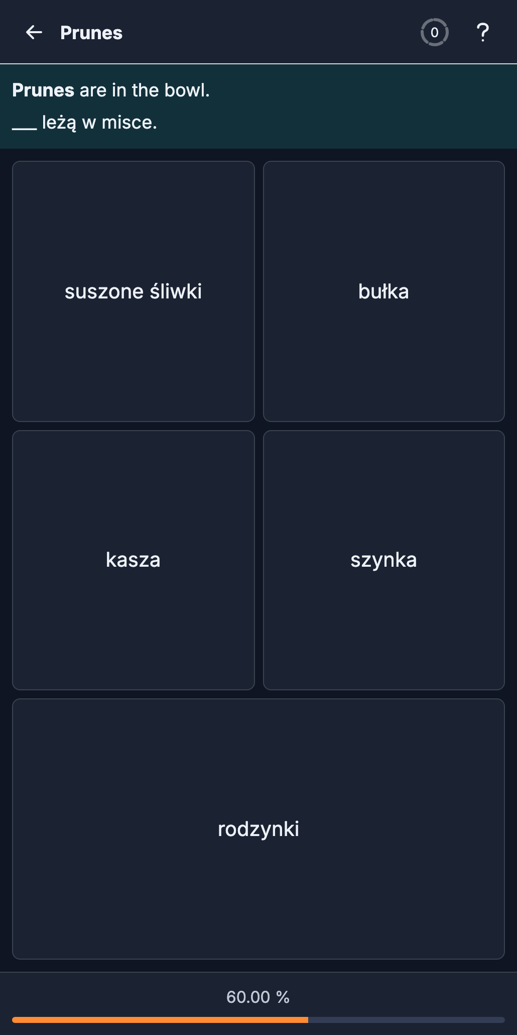 Exercise screen: a sentence in the base language, the same sentence in Polish with a gap below it, and answer option cards underneath