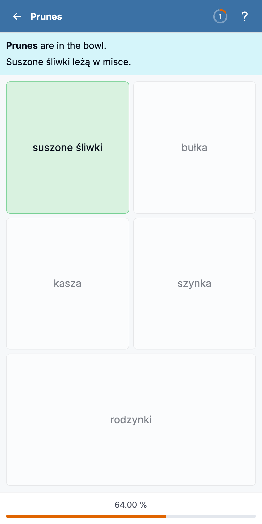 The same screen after answering: the selected card is highlighted in green and the gap in the Polish sentence is filled with the correct word