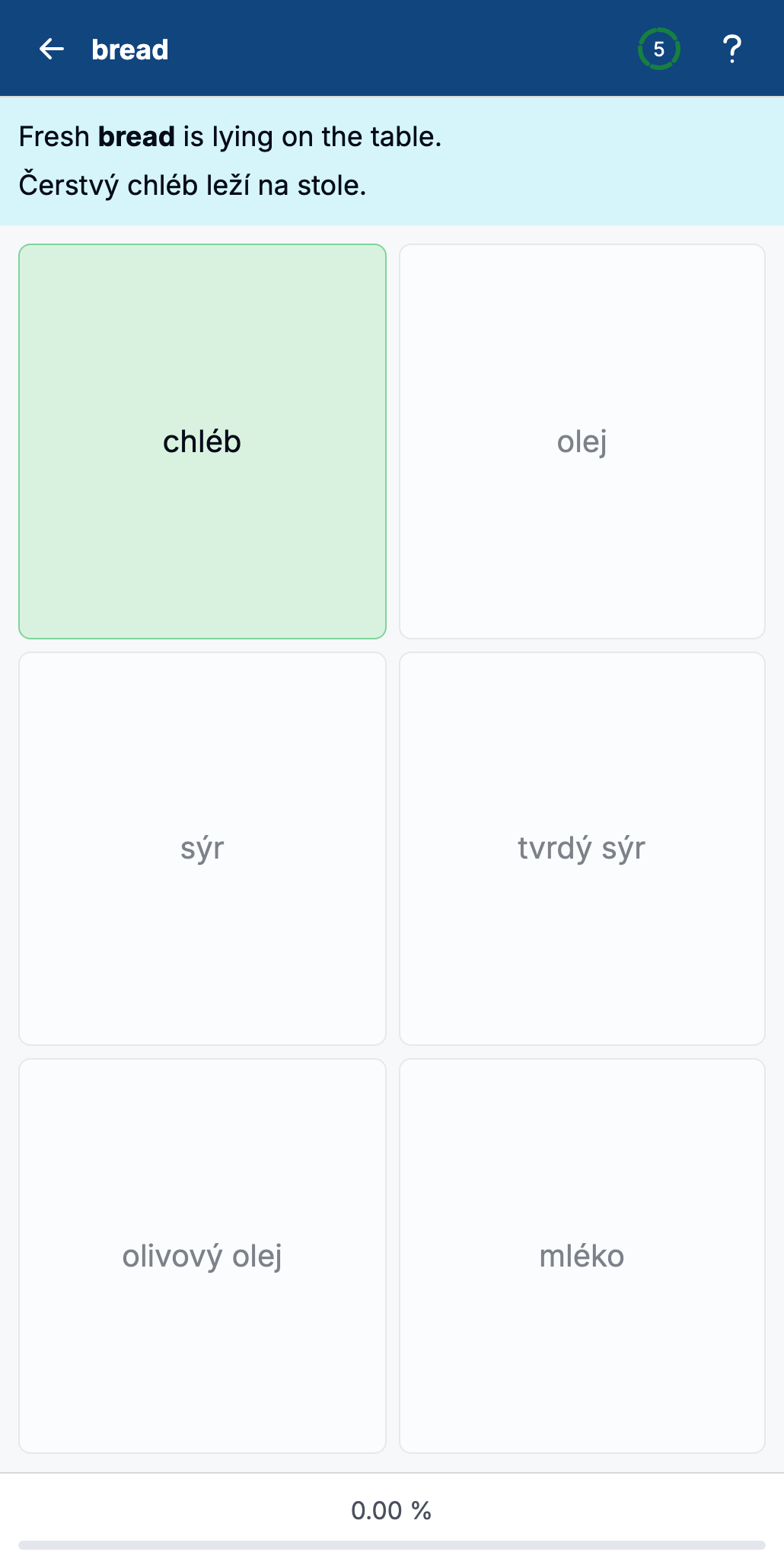 Czech exercise after answering, with the sentence revealed and correct choice highlighted