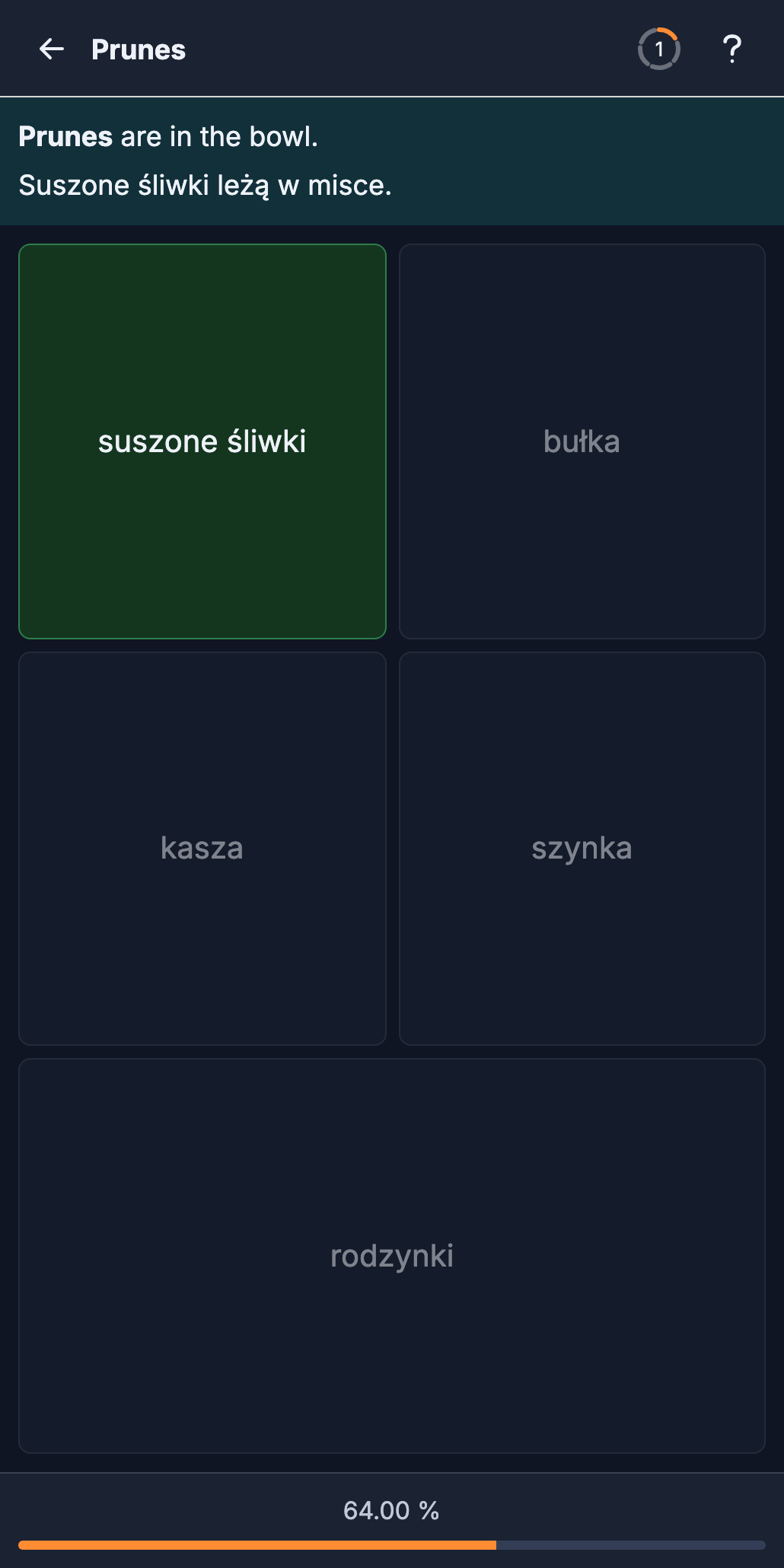 The same screen after answering: the selected card is highlighted in green and the gap in the Polish sentence is filled with the correct word