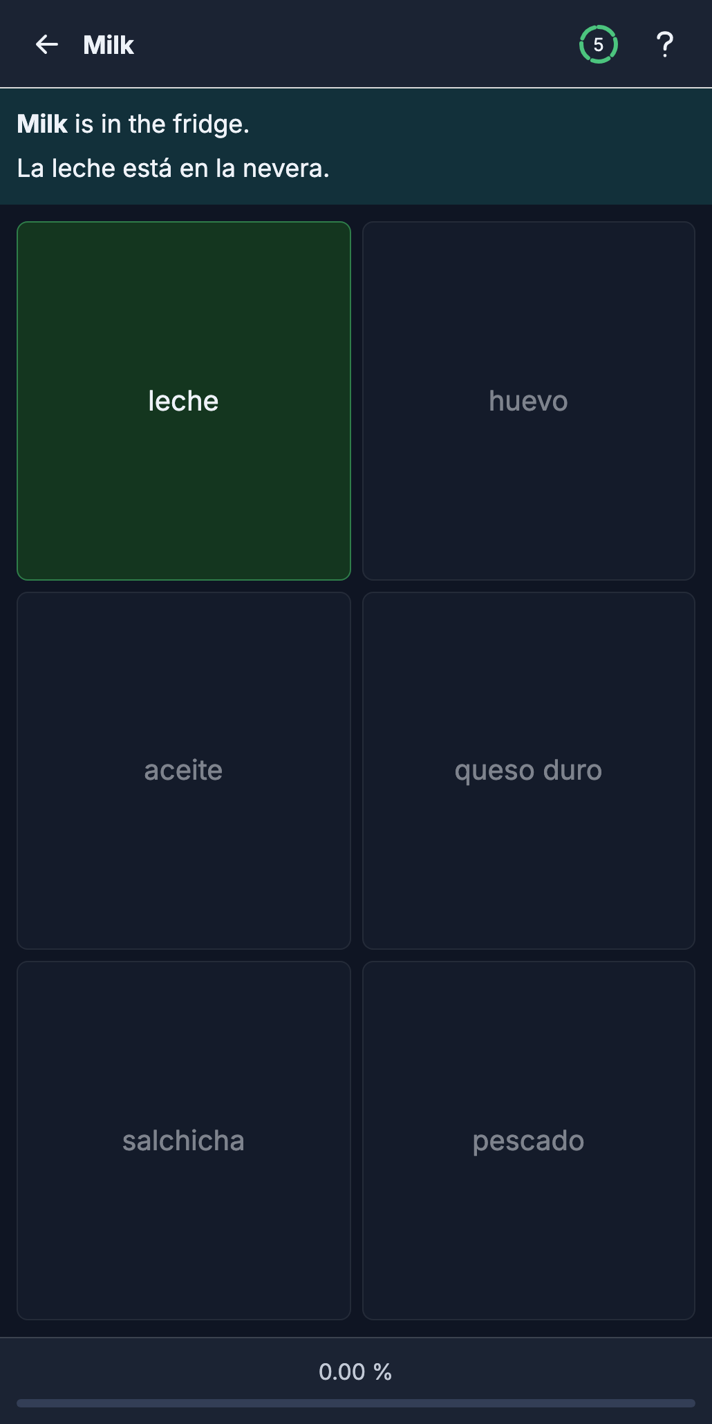 Spanish exercise after answering, with the sentence revealed and correct choice highlighted