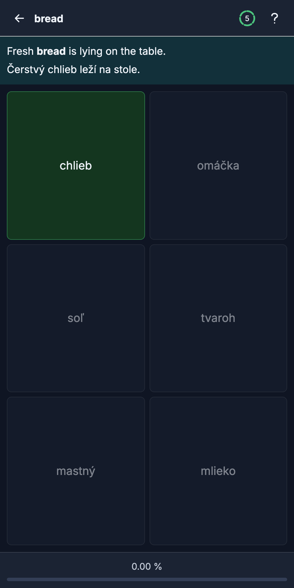 Slovak exercise after answering, with the sentence revealed and correct choice highlighted
