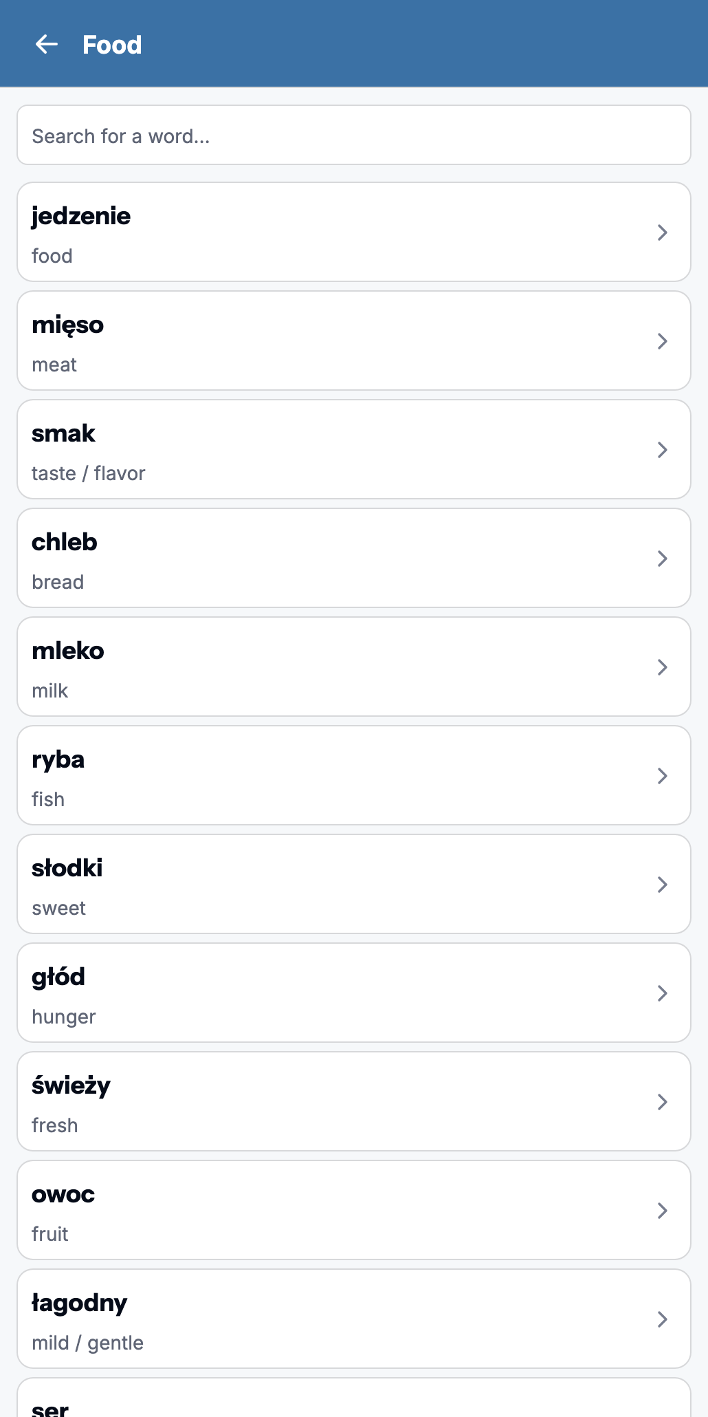 Word list screen for the “Food” set: Polish words with translations and a marker showing how many forms of each you have already learned