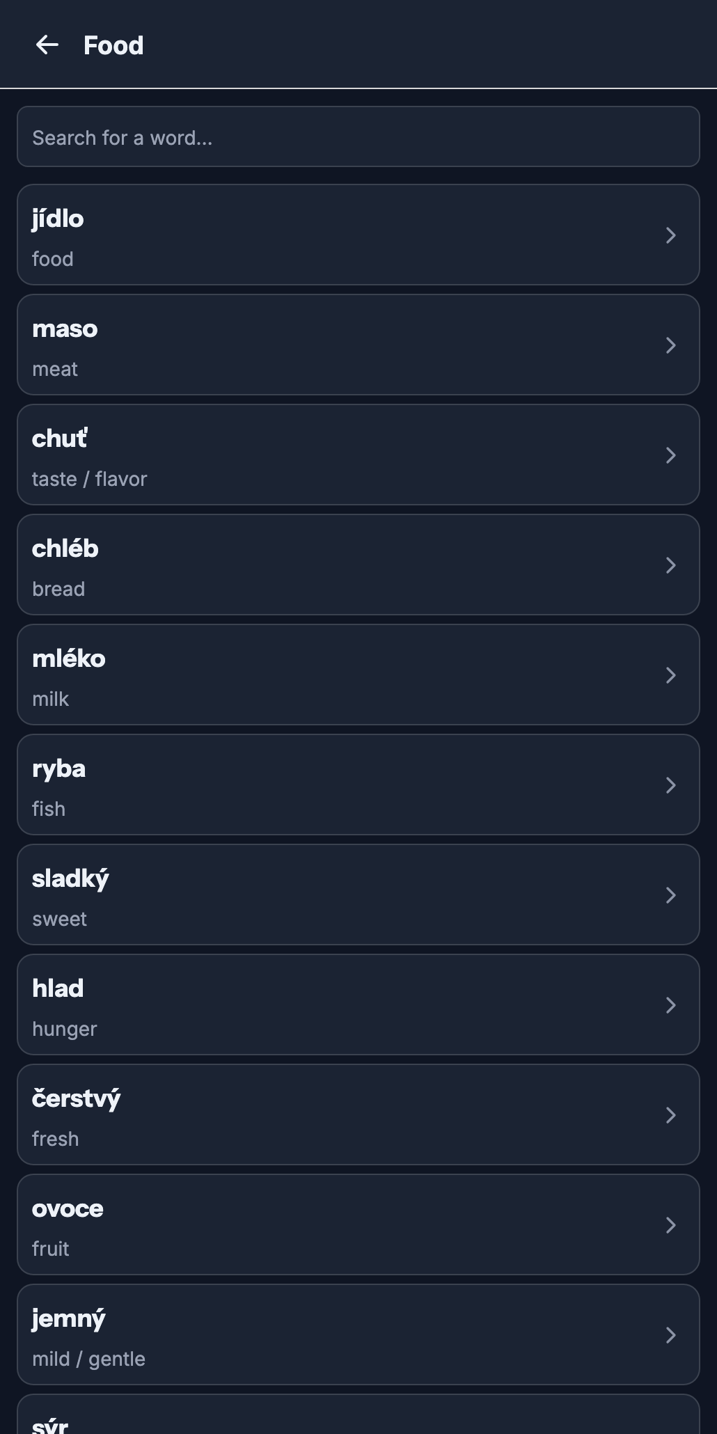 List of Czech words with translations
