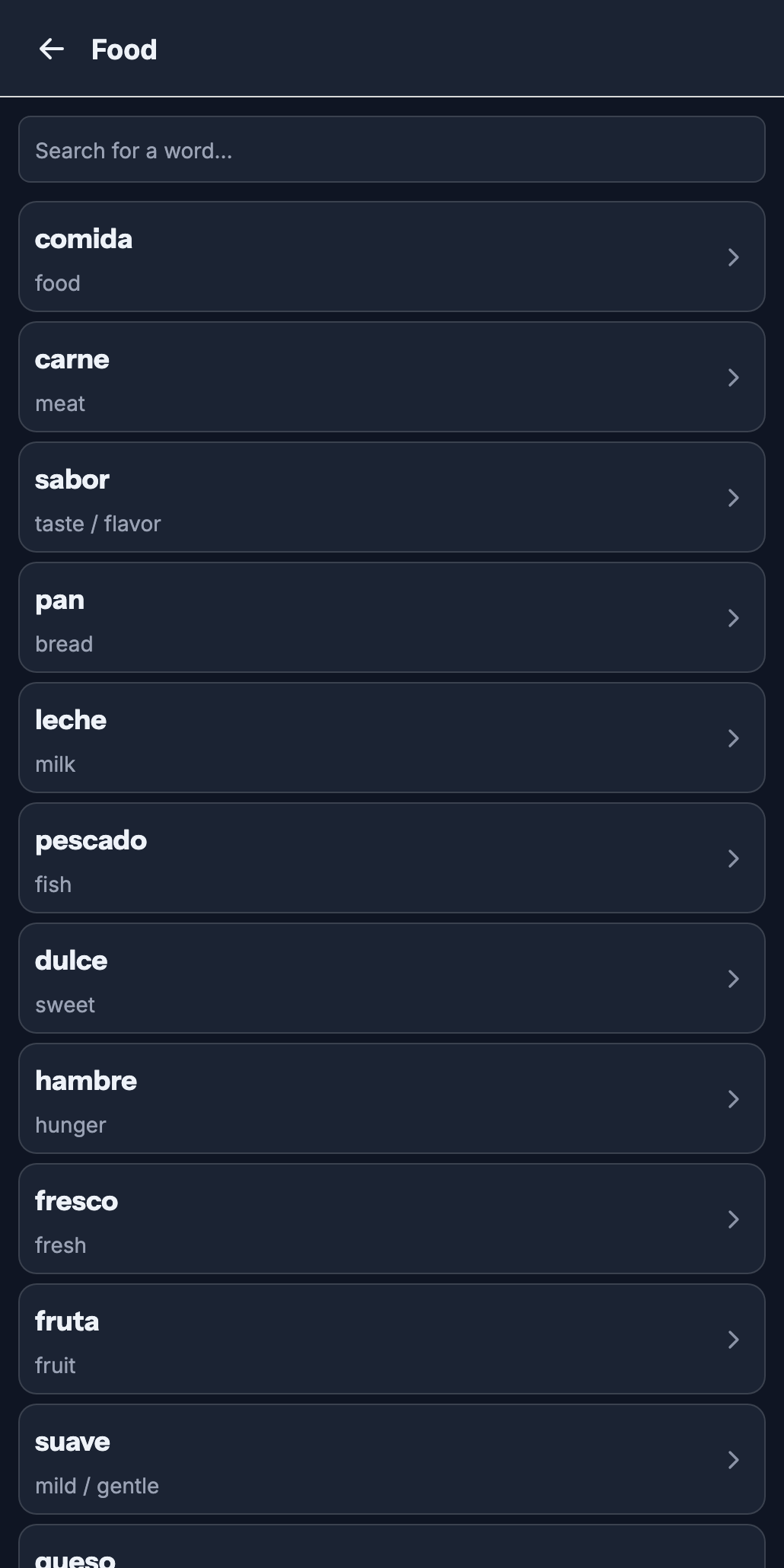 List of Spanish words with translations
